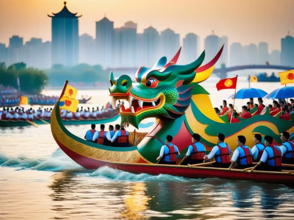 Esplendor del Festival del Barco Dragón en el río Qiantang Equipo de remadores en el majestuoso Festival del Dragón del Río Qiantang