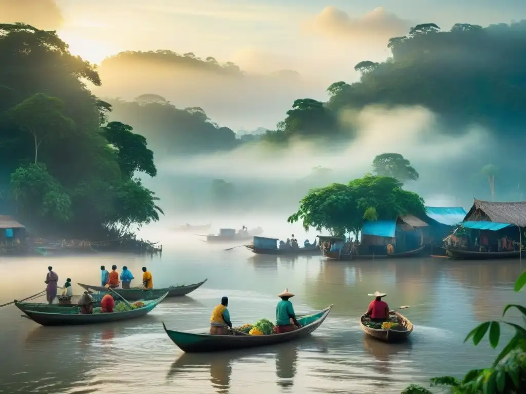 Vida en la ribera del Amazonas al amanecer Escena amazónica: impacto pesca artesanal comunidades fluviales al amanecer, pescadores, mercadeo y vida diaria en la ribera