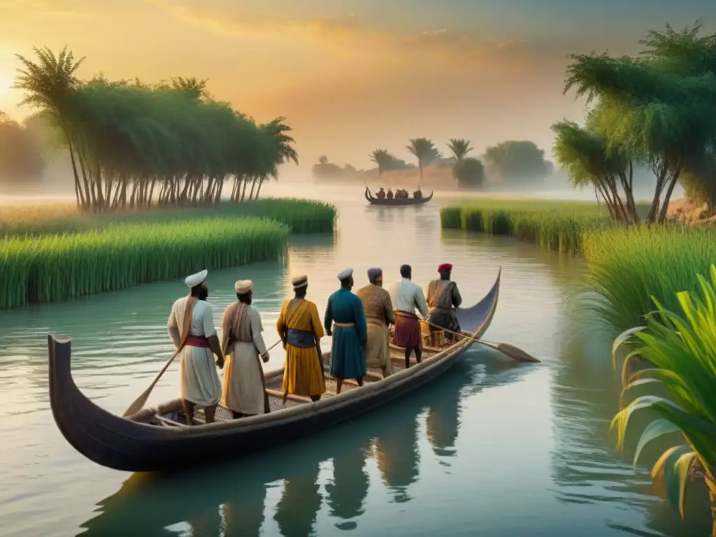 Antiguos mesopotámicos navegando un río al atardecer Una escena evocadora de la historia de la navegación fluvial en Mesopotamia, con un bote de juncos y un atardecer vibrante