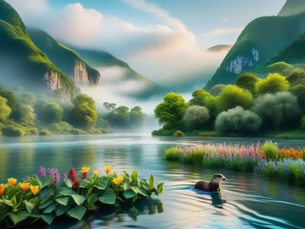 Escena flora y fauna de río: vibrante y detallada Escena exuberante de flora y fauna en ríos emblemáticos