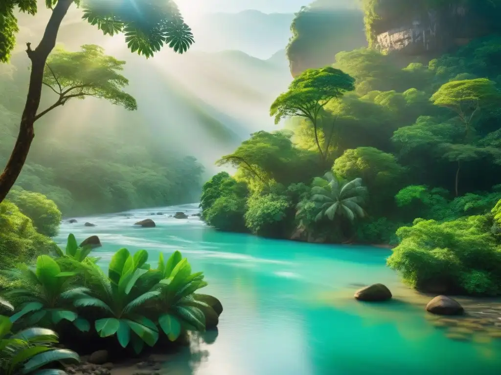 Selva exuberante y vida salvaje a lo largo del río Grijalva Una escena exuberante y vibrante en la selva a lo largo del río Grijalva, reflejando la belleza del turismo ecológico