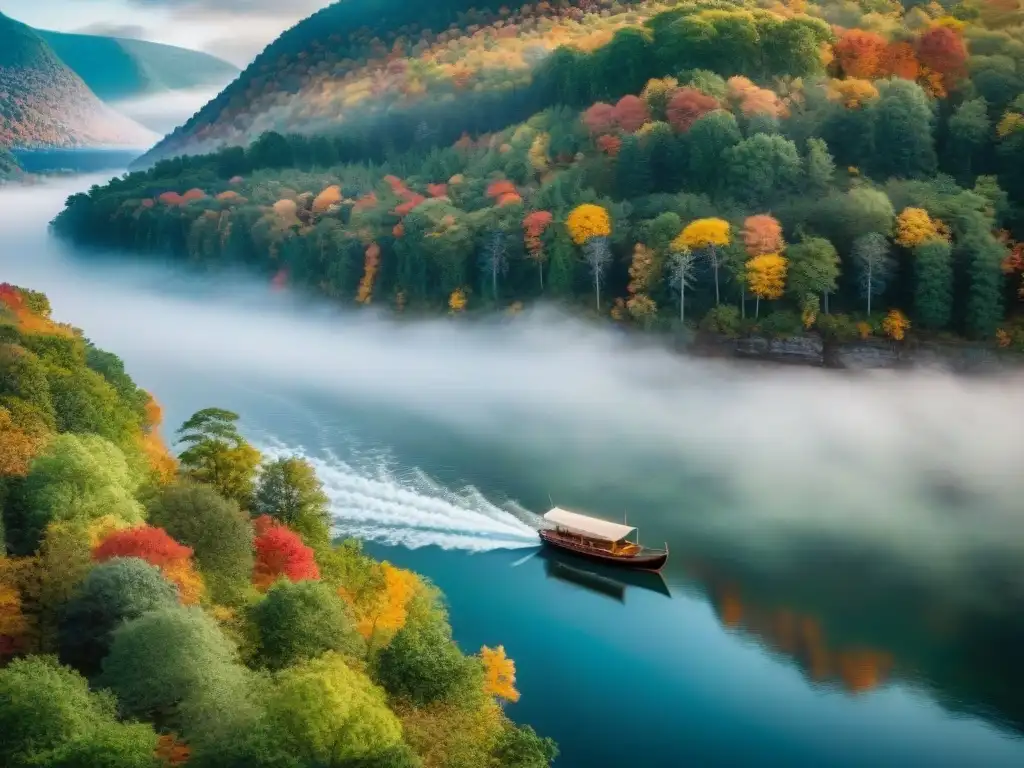 Río Hudson en otoño: colores vibrantes y serenidad Escena mágica del río Hudson en otoño, reflejando la mitología y belleza de la literatura americana