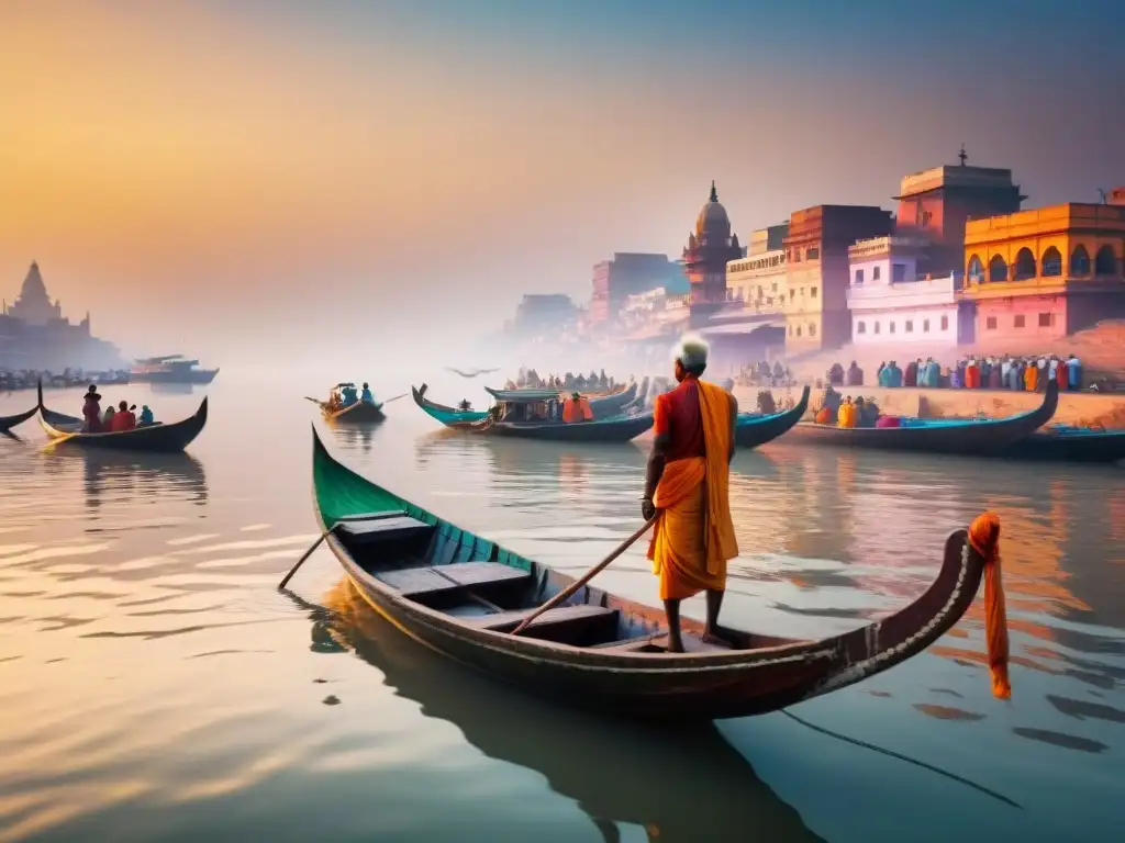 Majestuoso amanecer en el sagrado río Ganges de Varanasi Escena majestuosa del río Ganges en Varanasi, India, reflejando su significado cultural