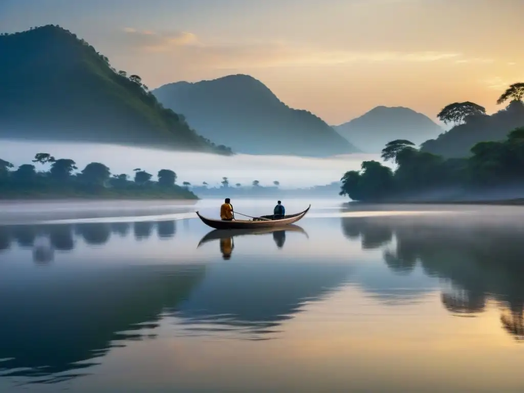 Reflejos dorados en el río Brahmaputra al atardecer Escena mística en el río Brahmaputra al atardecer con deidades y demonios, reflejos dorados y barca de madera
