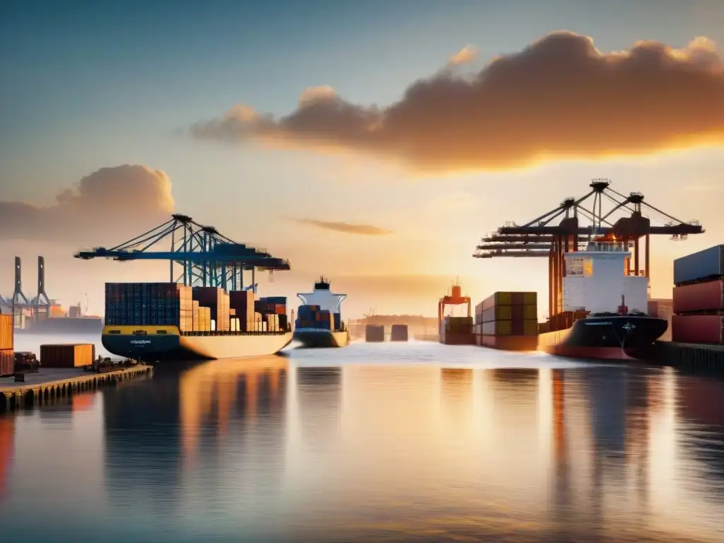 Puerto fluvial al atardecer: escena de carga y descarga de barcos Una escena portuaria animada en un río al atardecer, mostrando la importancia de los ríos en el comercio