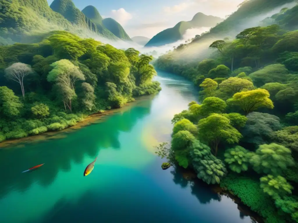 Río sereno: belleza y armonía en la naturaleza Escena de río emblemática: flora y fauna en armonía en un bosque exuberante y vibrante
