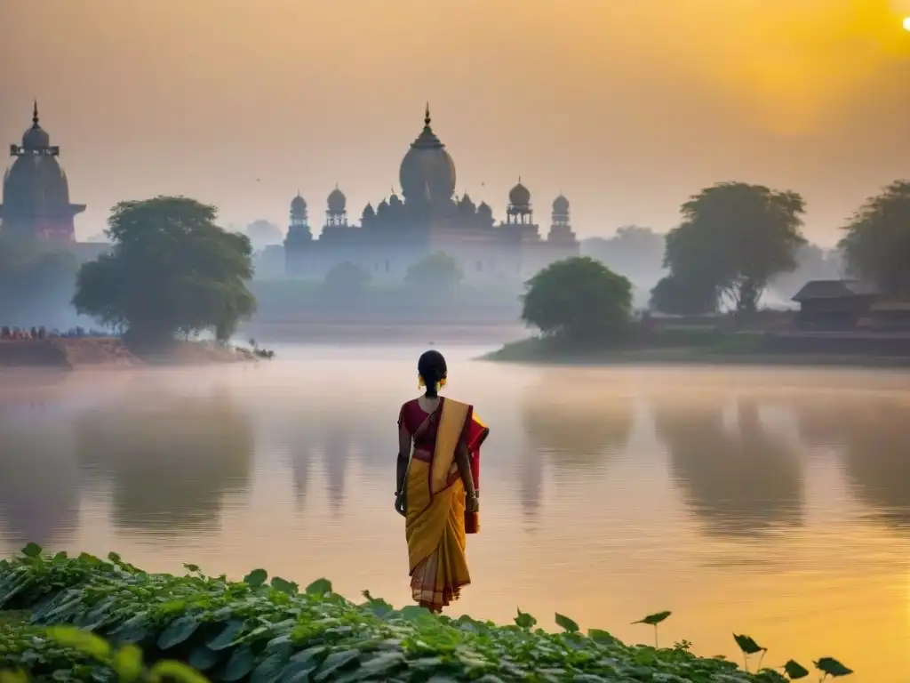 Río Yamuna al Amanecer: Serenidad y Espiritualidad Escena serena al amanecer en el río Yamuna, con luz dorada iluminando la niebla y la vegetación