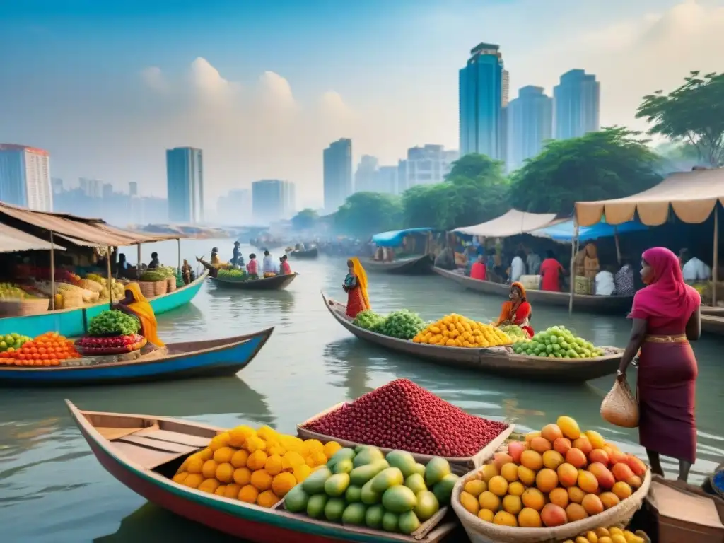 Una escena vibrante de un mercado ribereño en un país en desarrollo, mostrando la convivencia entre tradición y modernidad