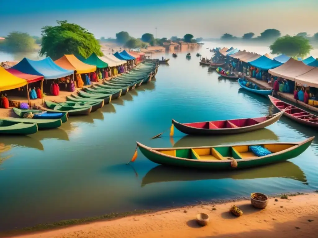 Mercado vibrante a orillas del río Níger en África Occidental Escena vibrante de mercado en el río Níger, comercio y cultura en África occidental