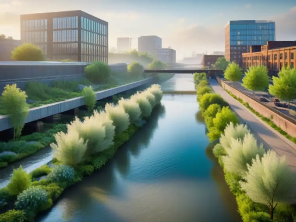Proyecto de revitalización urbana: río vivo y limpio Escena vibrante de recuperación de ríos urbanos con plantas nativas, senderos y limpieza comunitaria