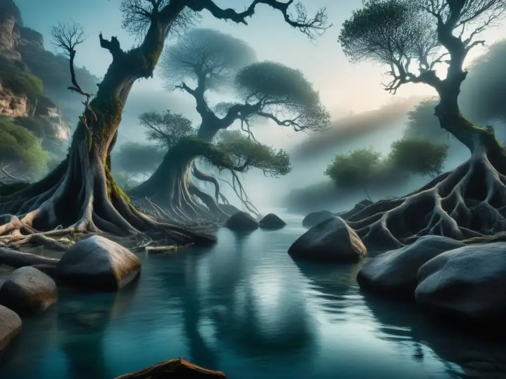 Retrato inquietante del Río Aqueronte en el inframundo griego Un escenario misterioso en el río Aqueronte, donde almas perdidas reflejan tristeza entre árboles retorcidos