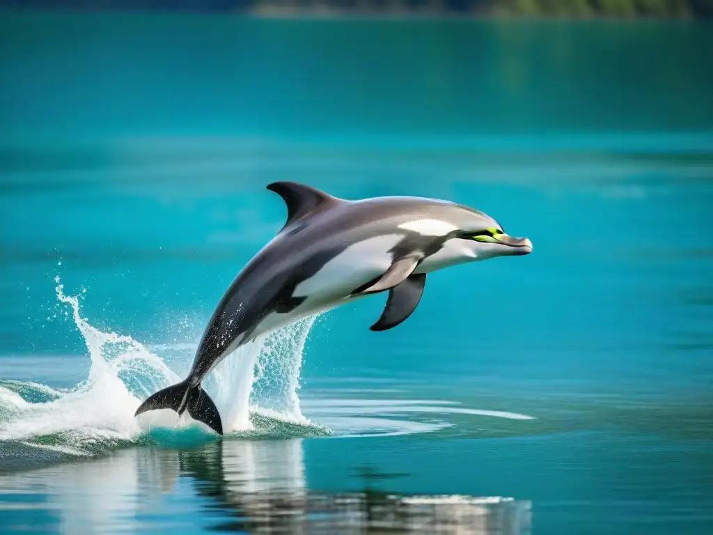 Salto elegante de delfín moteado en el Fraser River Especies extraordinarias en el Río Fraser: un delfín saltando grácilmente en aguas turquesas, rodeado de naturaleza exuberante y luz brillante