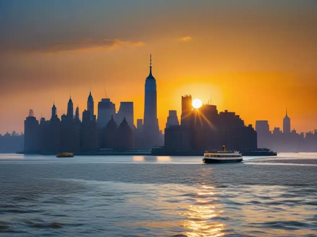 Puesta de sol en el río Hudson: majestuosidad y serenidad en Nueva York Espectacular atardecer sobre el río Hudson, reflejando cálidos tonos en el agua, con la icónica silueta de Nueva York al fondo