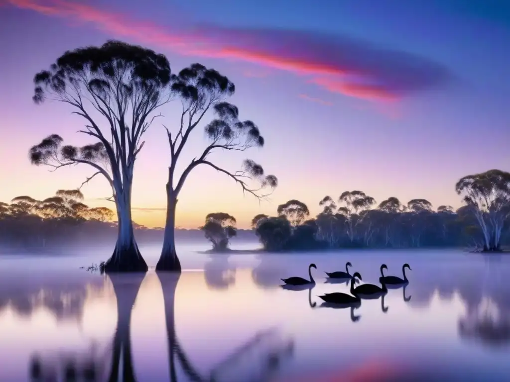 Espectacular atardecer en el río Murray Australia, con biodiversidad de flora y fauna, cisnes negros y árboles river red gum