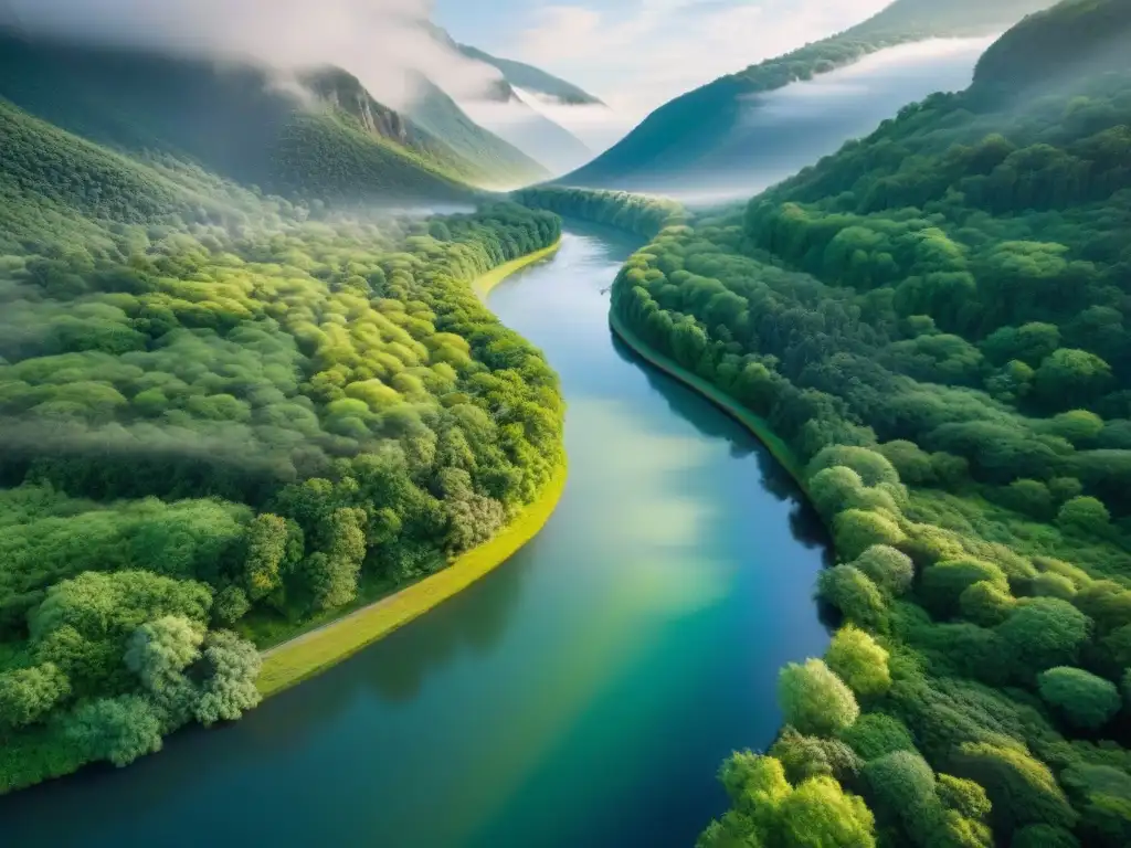 Río sereno: obra maestra natural de luz y sombras en el bosque Espejo de la naturaleza: río sereno entre bosque vibrante, reflejando la luz y sombras