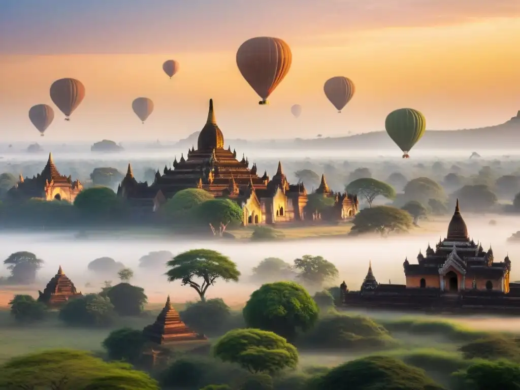 Amanecer mágico sobre templos de Bagan Espléndido amanecer sobre templos de Bagan, Río Irrawaddy serpentea entre ellos, globos aerostáticos flotan en el cielo