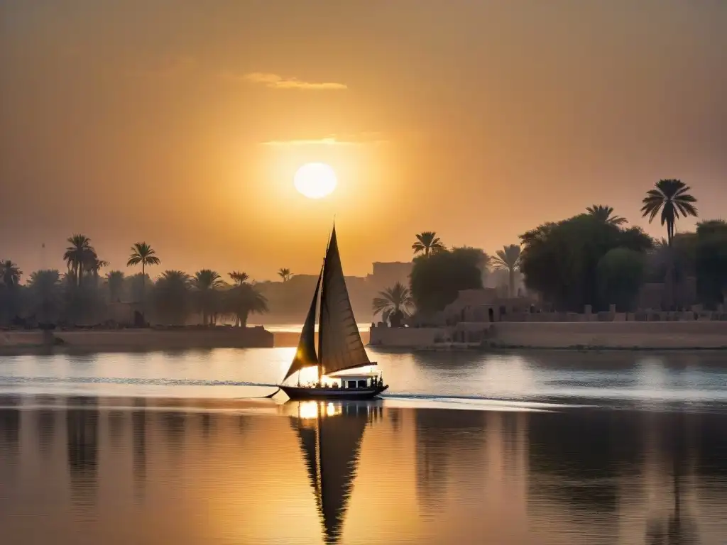 Espléndido atardecer en el Nilo, iluminando jeroglíficos en antiguos templos de Luxor, reflejados en aguas tranquilas
