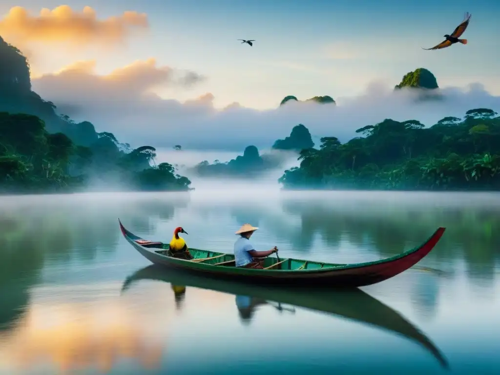 Amazonas al amanecer: biodiversidad y serenidad Esplendor del río Amazonas al amanecer, reflejando la exuberante biodiversidad y la importancia de los ecosistemas fluviales