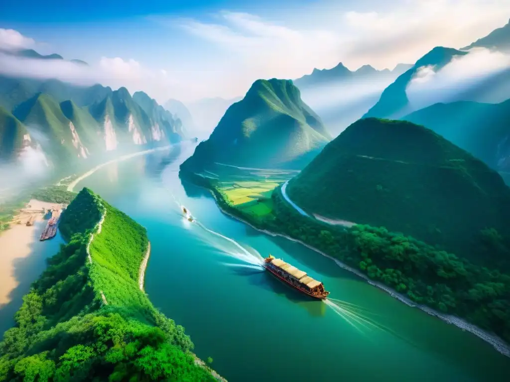 Esplendor del río Yangtsé: serenidad y grandeza en China El esplendor del majestuoso río Yangtsé serpenteando entre montañas verdes, reflejando la armonía entre naturaleza y humanos