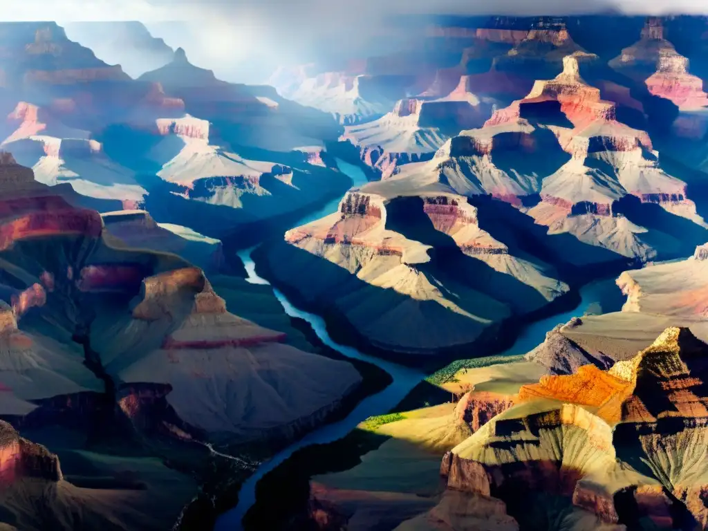 Esplendor del Gran Cañón: historia geológica esculpida por el río Colorado Esplendorosa erosión por ríos en paisajes: el majestuoso Gran Cañón muestra su vastedad y capas rocosas iluminadas por el sol