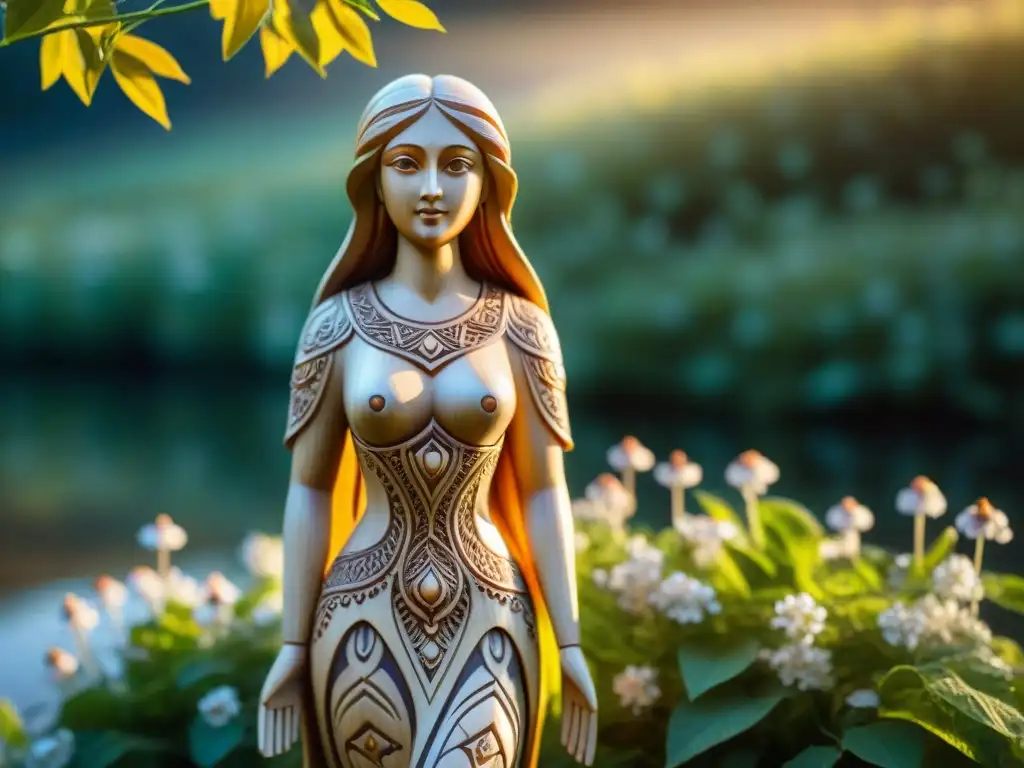 Estátua mística de Rusalka en bosque encantado Estátua tallada de una Rusalka rusa en el bosque junto a un río, rodeada de símbolos eslavos y flores silvestres