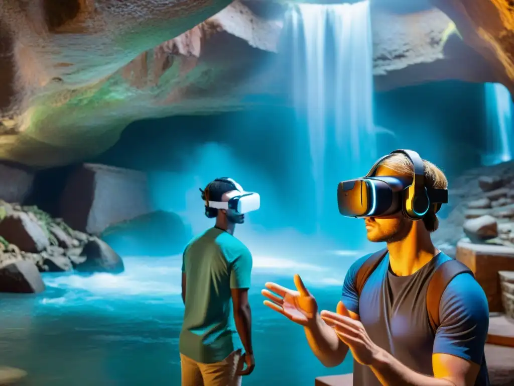 Estudiantes exploran río mítico en realidad virtual Estudiantes explorando ríos míticos en realidad virtual, inmersos en la innovación educativa