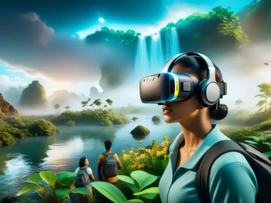 Exploración educativa: Estudiantes en realidad virtual en río místico Estudiantes exploran ríos míticos en realidad virtual educativa, cautivados por flora y fauna vibrante