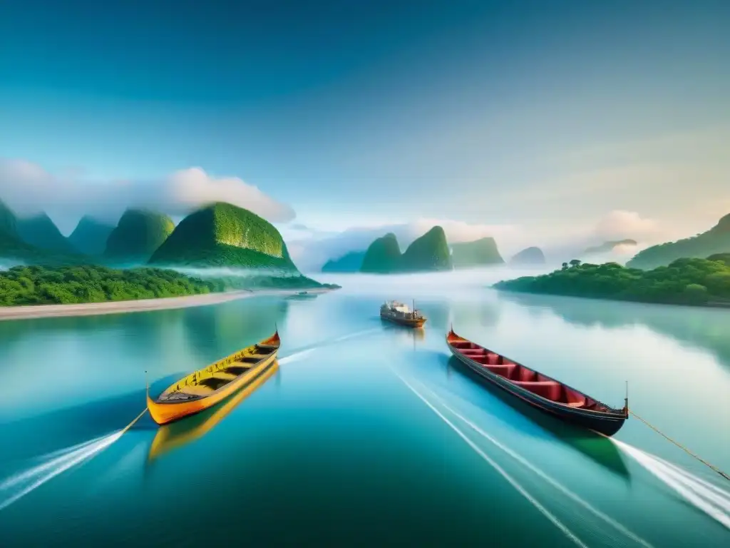 Evolución naviera: de canoas a contenedores Evocadora imagen de la evolución de la navegación fluvial, desde canoas tradicionales hasta modernos barcos de contenedores