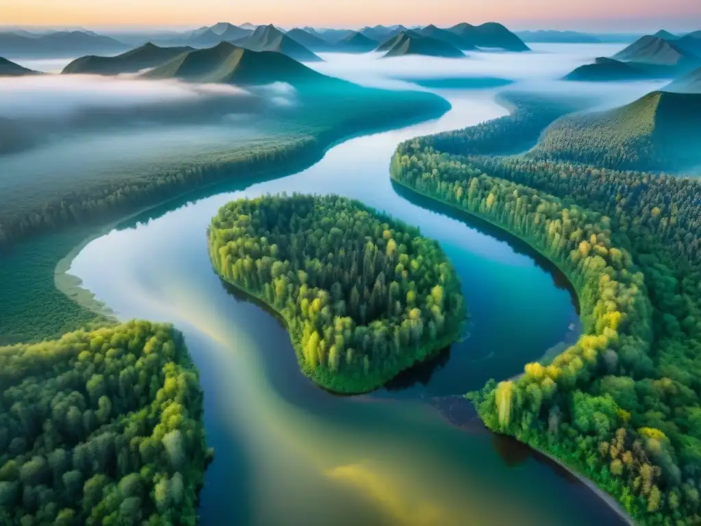 Amanecer en el río Lena: belleza natural en Siberia Exploración del río Lena en Siberia: amanecer sobre las aguas serpenteantes, bosques verdes, niebla y colores vibrantes