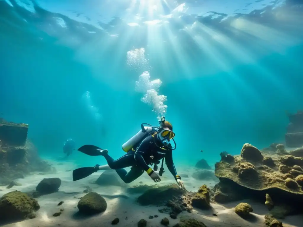 Exploración arqueológica subacuática en el río Támesis, detalle asombroso Exploración de arqueólogos submarinos en el Támesis con artefactos antiguos y tecnología moderna