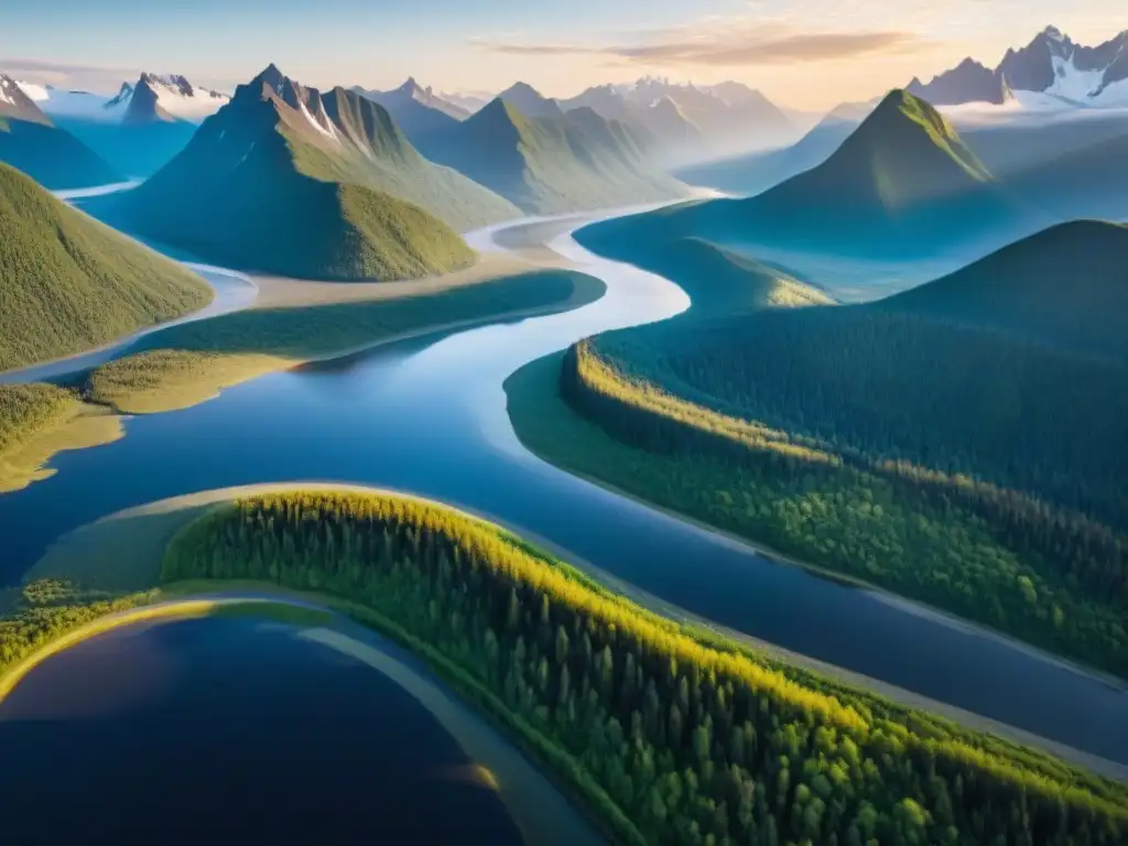 Puesta de sol dorada en el río Lena, Siberia Exploración del río Lena en Siberia: atardecer dorado sobre las aguas serpenteantes entre montañas nevadas y bosques frondosos