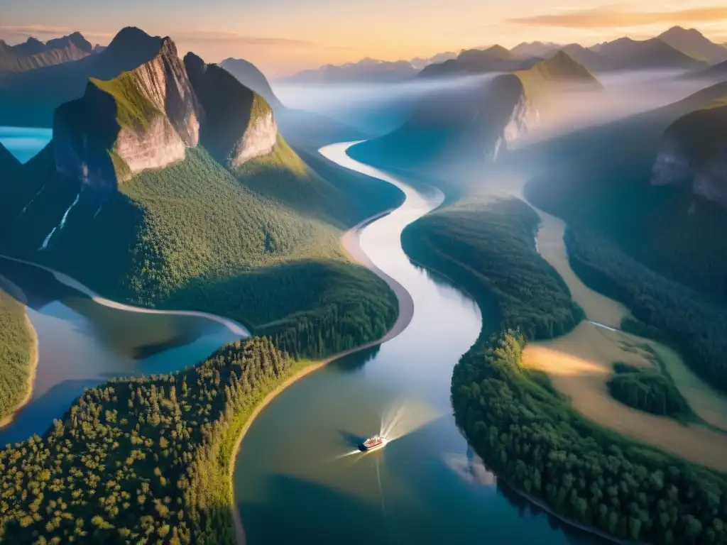 Explorando el río Lena: Aventura en la Siberia salvaje Exploración del río Lena en Siberia: Aventureros en un río serpenteante entre montañas y bosques al atardecer