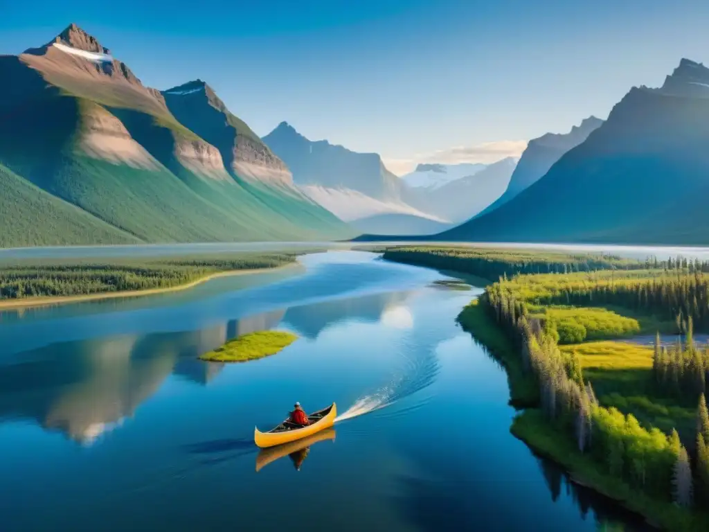 Explorando la majestuosa belleza del río Mackenzie en Canadá Exploración en el emblemático río Mackenzie, Canadá: paisaje majestuoso con río serpenteante, bosques y montañas nevadas
