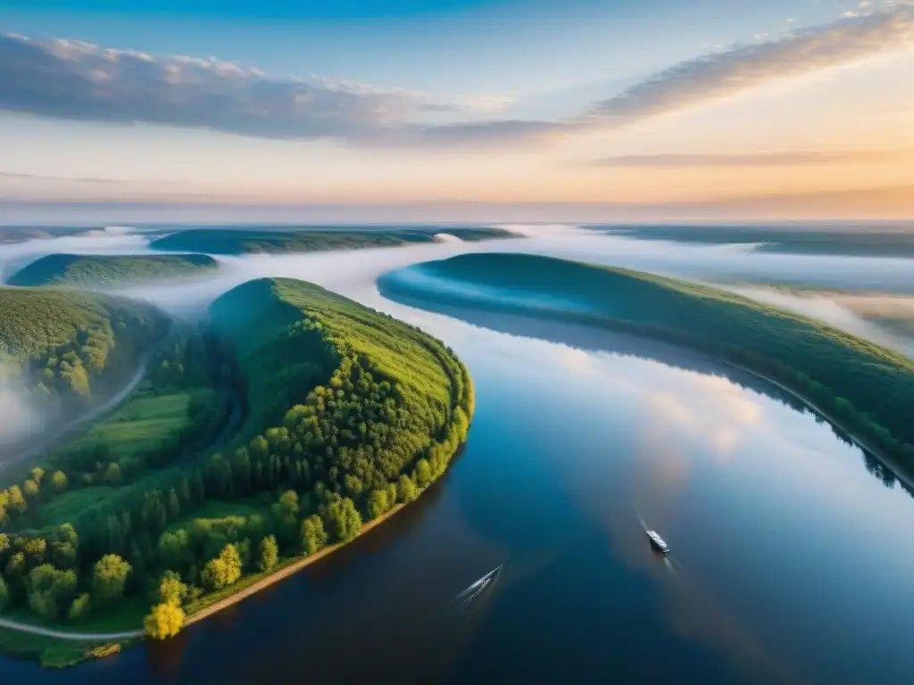 Esplendor del atardecer en el majestuoso río Volga Exploración de los emblemáticos ríos de Rusia: el majestuoso río Volga serpentea entre bosques verdes y pueblos pintorescos al atardecer