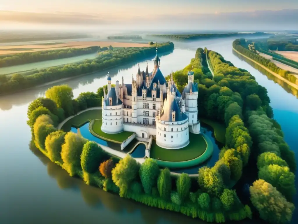 Château de Chambord al atardecer en el Valle del Loira Exploración de los emblemáticos ríos Loira en Francia: El Château de Chambord se destaca en el valle, bañado por la luz dorada del atardecer