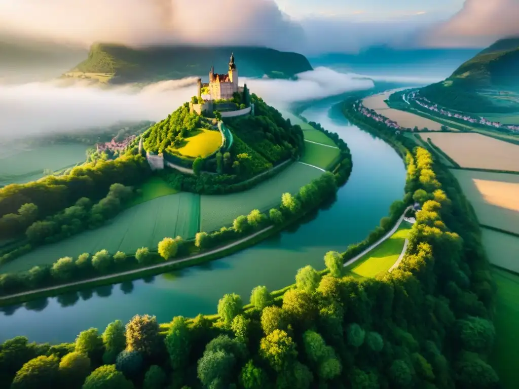 Atardecer mágico en el río Rin: paisaje sereno y cautivador Exploración de uno de los legendarios ríos del mundo: el Rin serpenteando entre valles verdes, pueblos y castillos medievales al atardecer