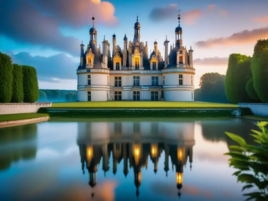 Castillo de Chambord: majestuosidad en el Valle del Loira Exploración de la majestuosa arquitectura del Château de Chambord en la ribera del río Loira en Francia