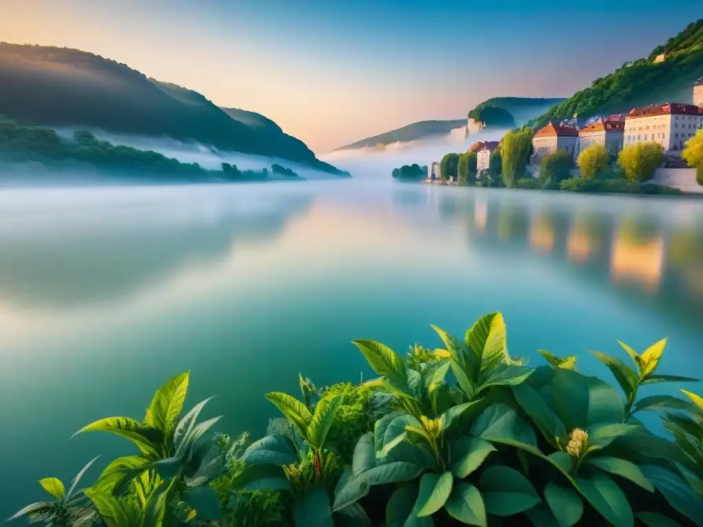 Danubio al amanecer: belleza natural en alta resolución Exploración responsable del Danubio al amanecer, reflejando su belleza natural con niebla, flora y fauna a lo largo de sus orillas