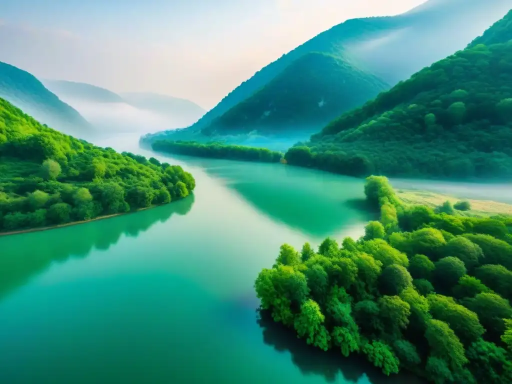 Danubio: biodiversidad en un paisaje sereno Exploración responsable del Danubio: Río serpenteando entre exuberante naturaleza, reflejando vida silvestre y colores vibrantes