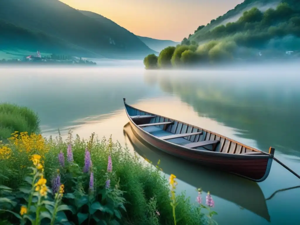 Río Danubio al Amanecer: Serenidad y Armonía Natural Exploración responsable del Danubio al amanecer: el río sereno refleja los suaves colores del sol naciente, rodeado de naturaleza