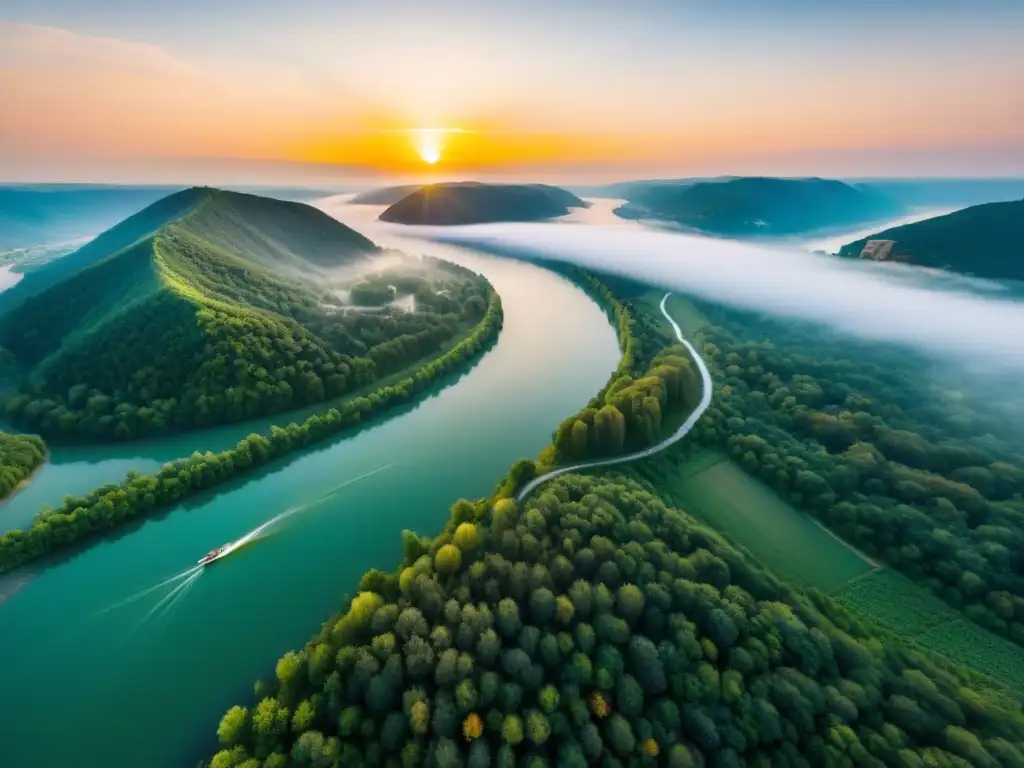 Atardecer dorado: el Danubio serpentea entre bosques verdes Exploración responsable del Danubio: El río serpentea entre bosques verdes con el sol poniéndose, iluminando el paisaje con tonos dorados