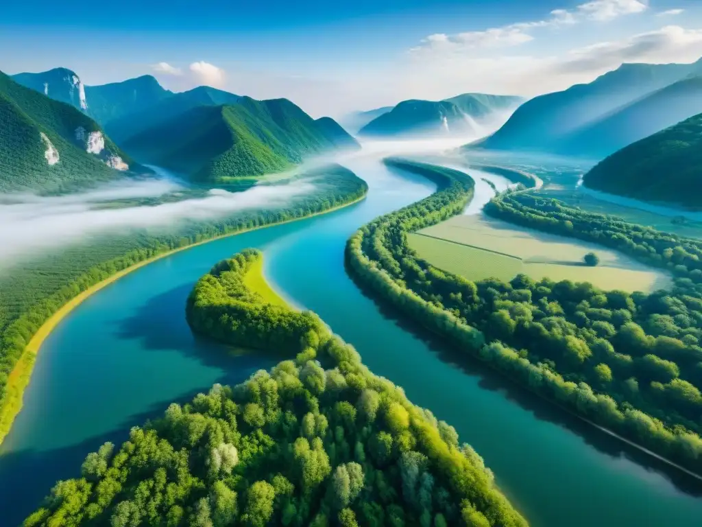 Esplendor del Danubio: majestuosidad natural Exploración responsable del Danubio: Vista aérea impresionante del majestuoso río serpenteando entre bosques y praderas verdes