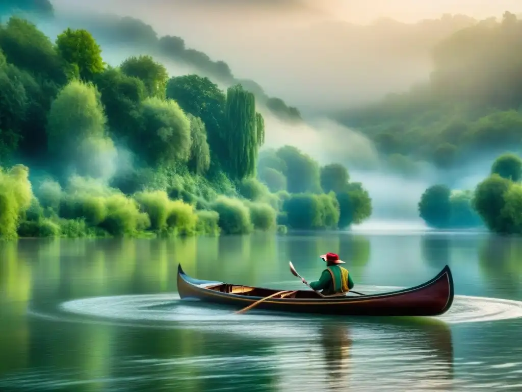 Tranquilidad en el río Loira: ecoturismo sostenible Exploración en ríos emblemáticos del Loira en Francia: Canoa en aguas serenas rodeada de exuberante vegetación
