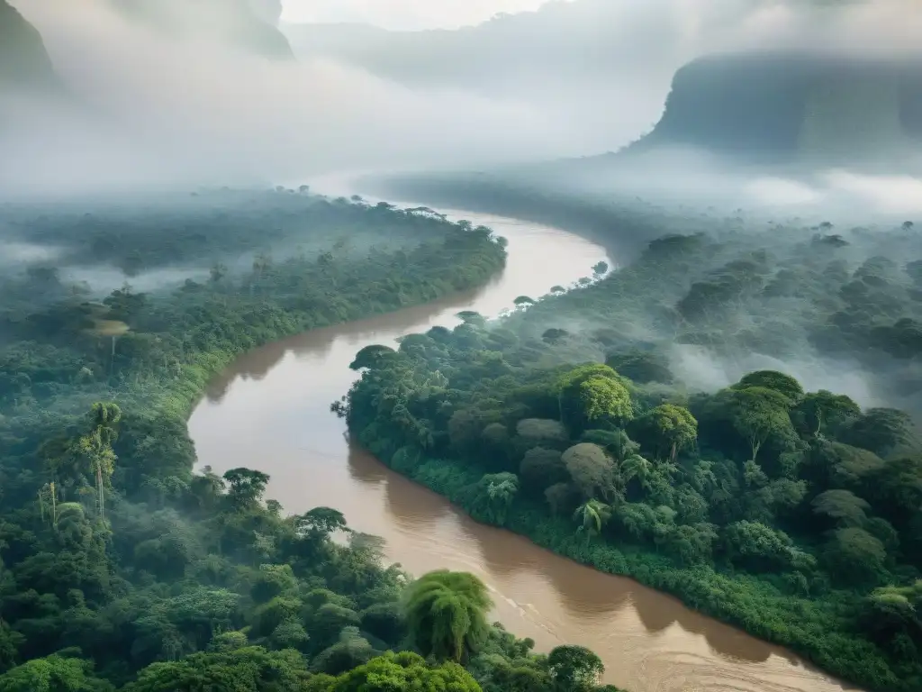 Selva exuberante a lo largo del Congo: belleza salvaje y energía primordial Exploración de ríos emblemáticos África: Selva exuberante a lo largo del río Congo, con aves y monos entre la vegetación
