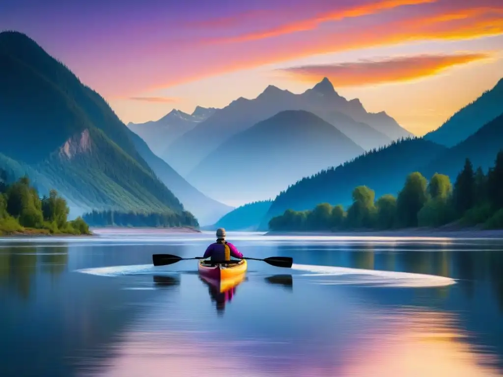 Puesta de sol en el río Fraser: kayakista en paisaje vibrante Exploración ríos emblemáticos, Fraser, Canadá