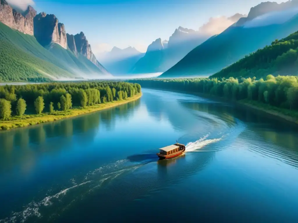 Río majestuoso en Rusia: detalle impresionante Exploración de ríos emblemáticos en Rusia: majestuoso río serpenteante rodeado de bosques verdes y montañas, bajo un cielo azul