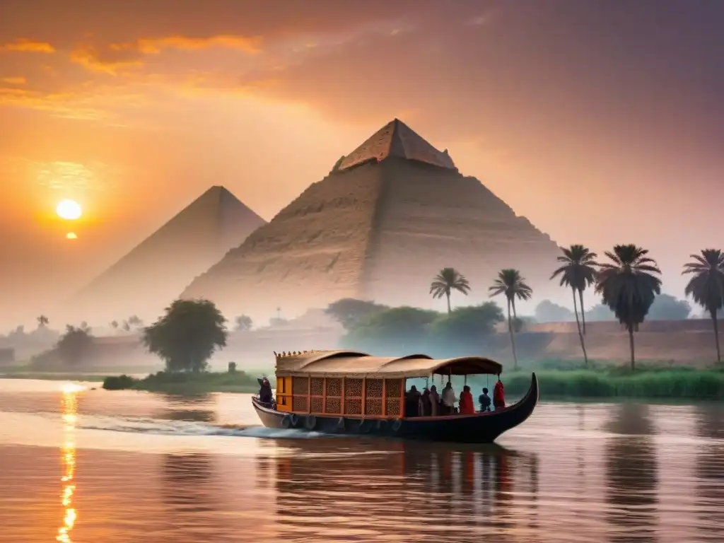 Navegando la historia: barco de madera en el Nilo al amanecer 'Exploración de ríos emblemáticos del mundo: barco de madera tradicional en el Nilo al amanecer, rodeado de cultura y naturaleza