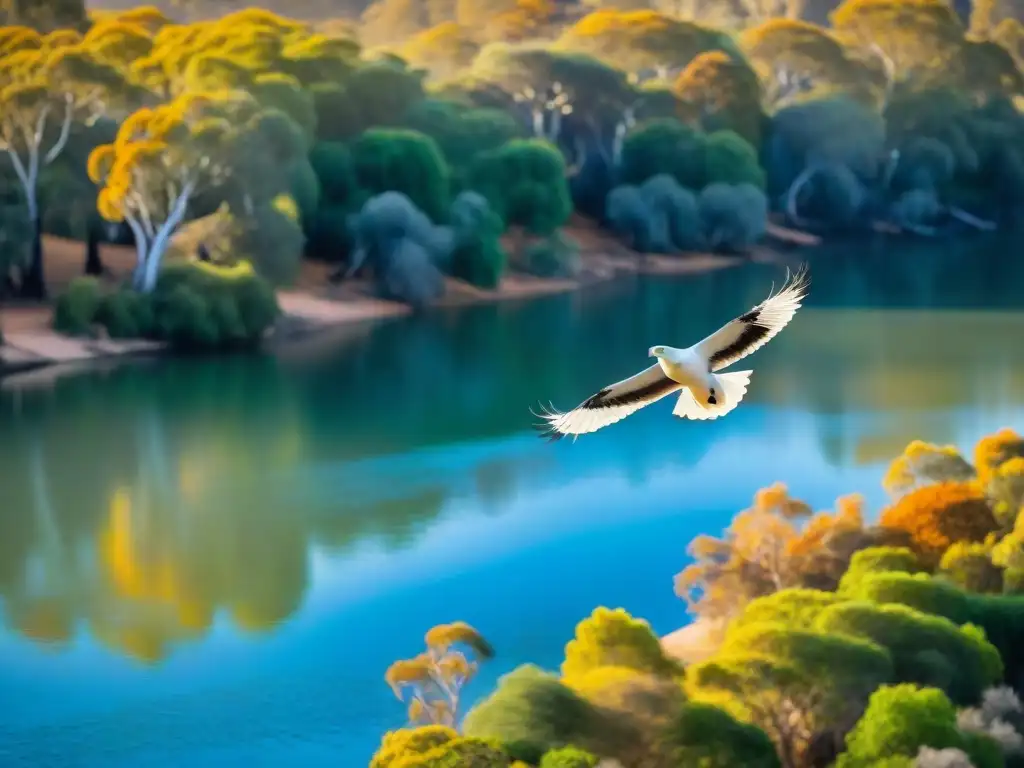 Águila sobrevolando el río Murray: escena natural australiana Exploración de los ríos emblemáticos del mundo: Águila marina blanca surcando el río Murray, con fauna y flora australiana