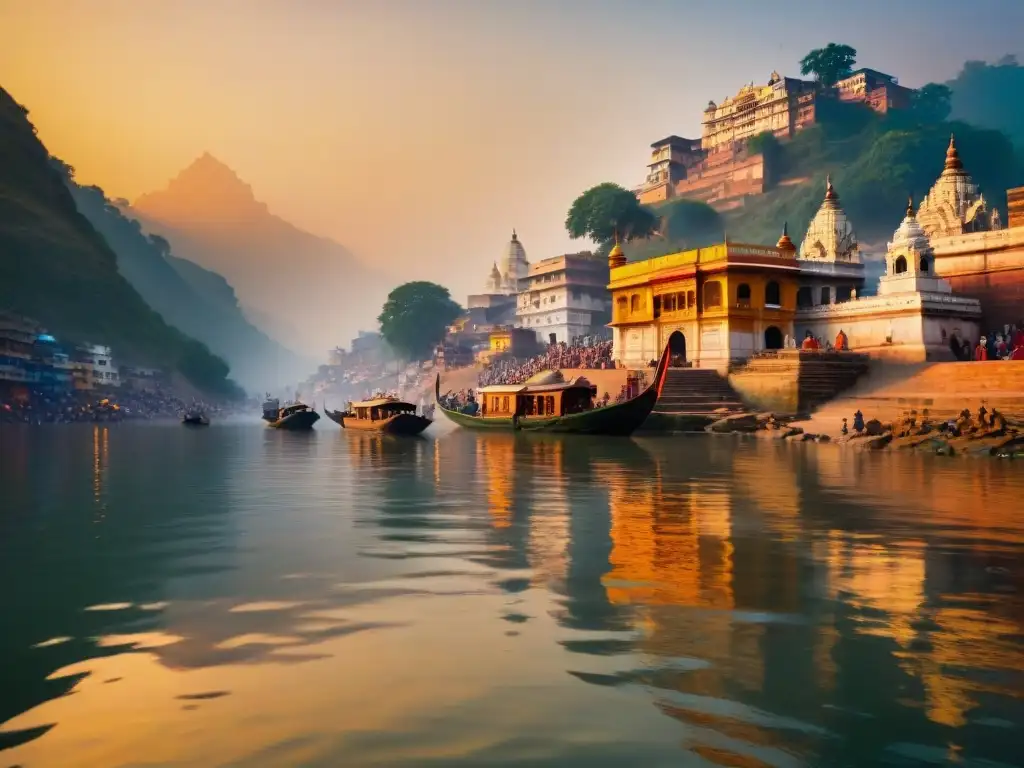 Espejo dorado del Ganges al amanecer: detalle sublime Exploración de ríos emblemáticos del mundo: Imagen detallada del amanecer en el río Ganges, reflejando la luz dorada en aguas tranquilas