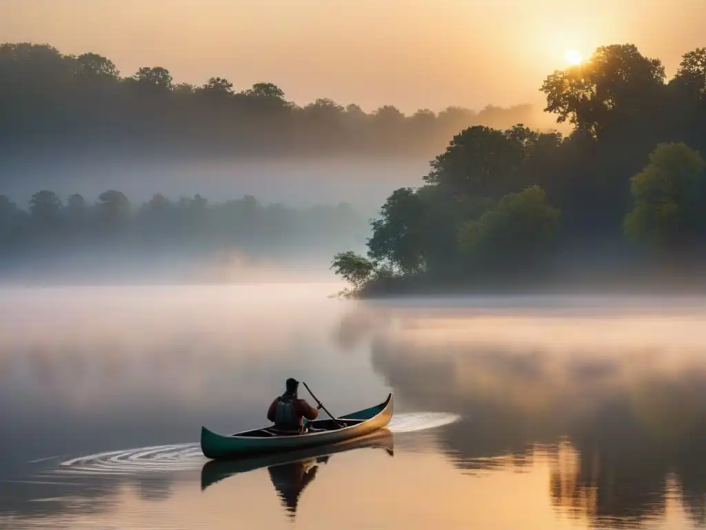Canoa nativa surca el río Mississippi en la niebla matutina Exploración ríos emblemáticos mundo: Canoa nativa surca neblina río Misisipi al amanecer, árboles y luz cálida